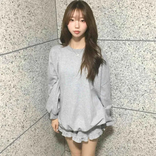 Frill Plain Loose Fit Long Sleeve Daily Training Set