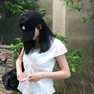 Frill Ribbon Wrap Plain Short Sleeve Blouse