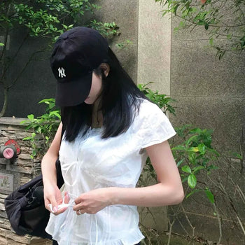 Frill Ribbon Wrap Plain Short Sleeve Blouse