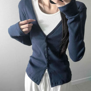 Ribbon Button Slim Fit Plain Long Sleeve Cardigan