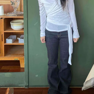 Shirred String Wrap Slim Fit Long Sleeve T-shirt