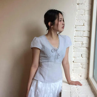 Ribbon Cut-out Backless X-Line Short Sleeve Blouse