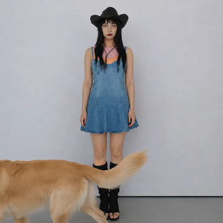 Denim Sketch Strap A-line Mini Dress