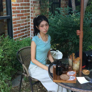 Ribbon Shirred Plain Cap Sleeve Slim Fit Short Sleeve T-shirt