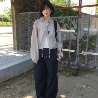 Linen summer big pocket striped denim pants