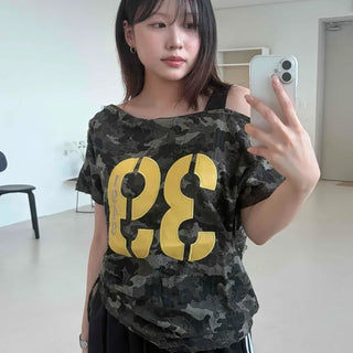 String Camo Numbering Oversized Short Sleeve T-shirt