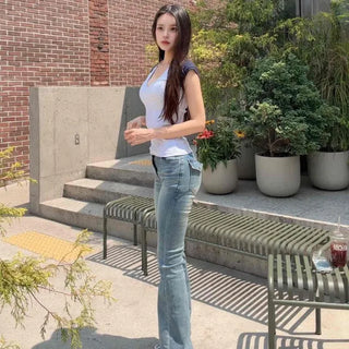 Washed Button Flap Pocket Bootcut Long Pants