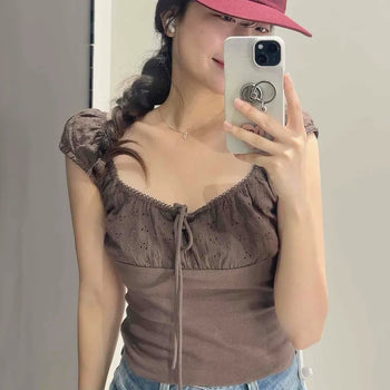 Shirred Eyelet Ribbon Strap Cap Sleeve Blouse