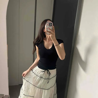 Color-block String Slim Fit Tiered Cap Sleeve Two-piece Set