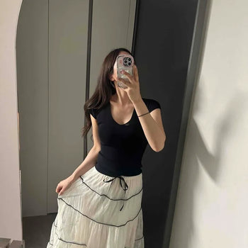 Color-block String Slim Fit Tiered Cap Sleeve Two-piece Set