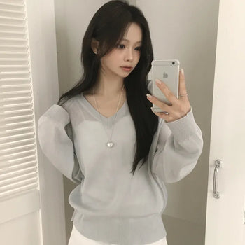 Delicate~ Summer V-Neck Raglan See-Through Delicate Avant-Gallery Loose Fit Long Sleeve Knit