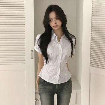 Striped Pintuck Collar Puff Sleeve Delicate Slim Fit Blouse Short Sleeve Shirt