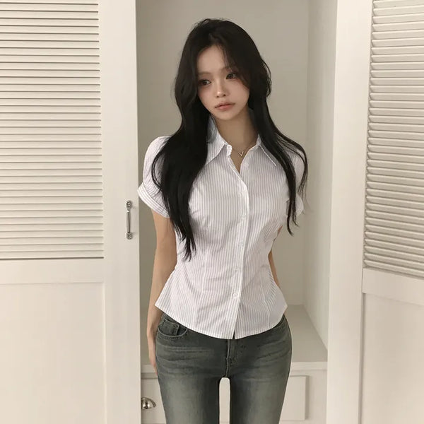 Striped Pintuck Collar Puff Sleeve Delicate Slim Fit Blouse Short Sleeve Shirt
