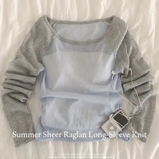Effortlessly chic, Summer color-block one-off shoulder raglan see-through slim delicate skinny fit Salanta item long-sleeve knit