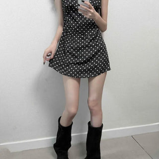 Strap Shirred Dot A-Line Sleeveless Mini Dress