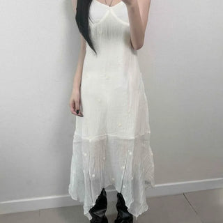 Strap Zipper See-through Tiered Asymmetrical Hem Slim Fit A-Line Sleeveless Long Dress
