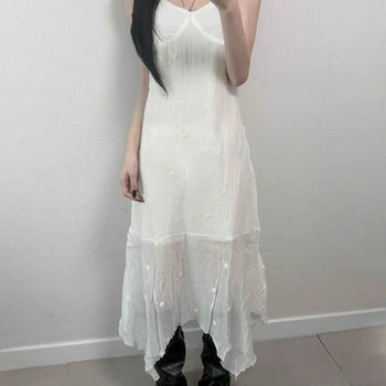 Strap Zipper See-through Tiered Asymmetrical Hem Slim Fit A-Line Sleeveless Long Dress