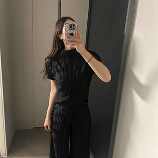 Slim Fit Wide Plain Short Sleeve Daily Two-Piece Set