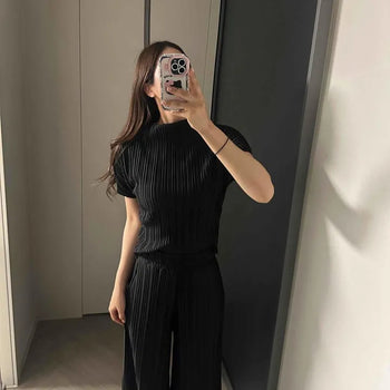 Slim Fit Wide Plain Short Sleeve Daily Two-Piece Set