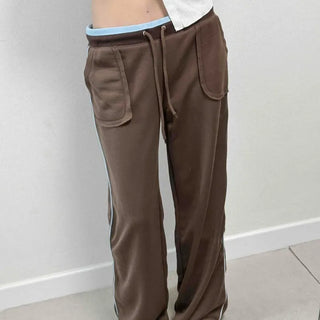 String Contrast Loose Fit Wide Daily Long Pants