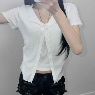 Front Tie Ribbon Button Slim Fit Plain Short Sleeve T-shirt