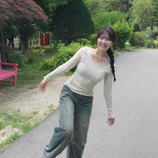Washed Striped Wide Loose Fit Long Pants