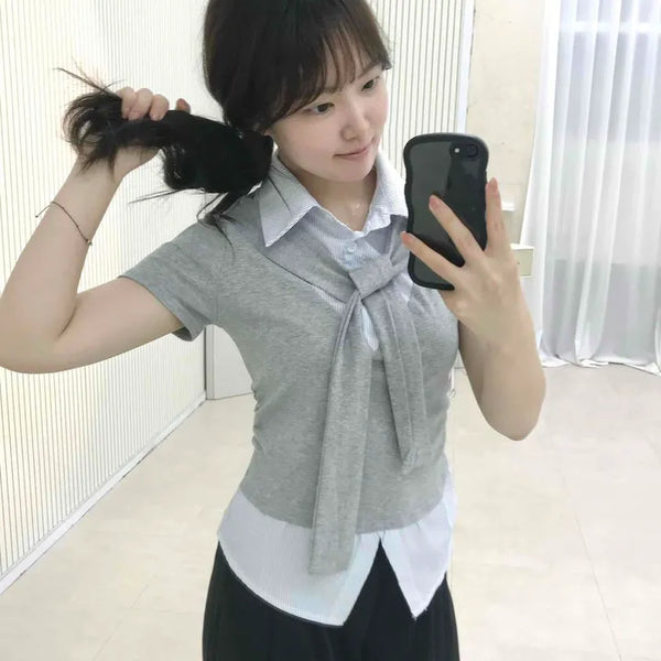 Color Block Stripe Layered Regular Fit Short Sleeve T-shirt