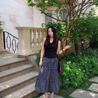 Shirred Frill Ribbon Tiered Loose Fit Long Skirt