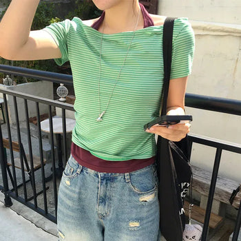 Striped Halter Off-Shoulder T-Shirt 4 Colors