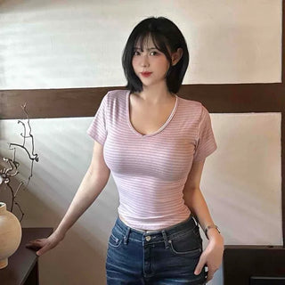 Slim Fit Striped Basic Daily Short Sleeve T-shirt