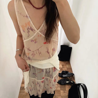 Nev See-through Flower Sleeveless Bustier V-Neck Pleated Long Dress