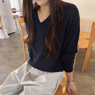 Add Linen Wholegarment See-through V-Neck Long Sleeve Thin Knit