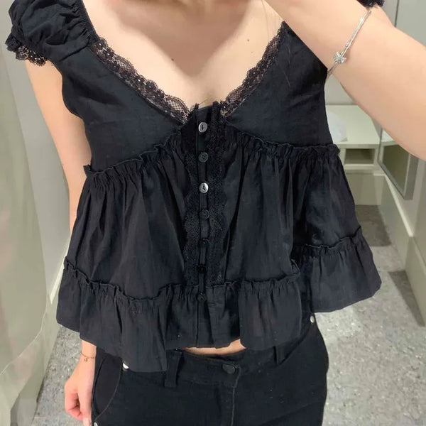 Velour Lace Frill Puff Blouse