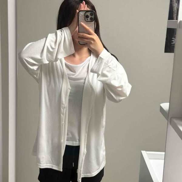 Plain Button Down Long Sleeve Loose Fit Daily Cardigan