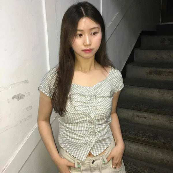 Frill Shirred Check Button Sleeveless Blouse