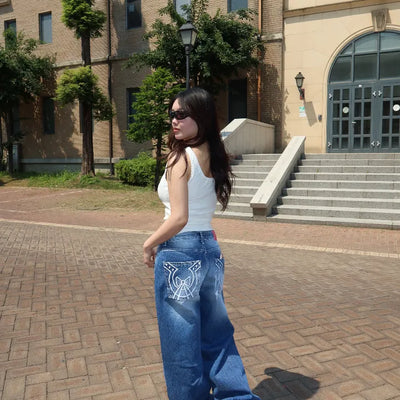 Horse ribbon embroidery wide blue denim pants