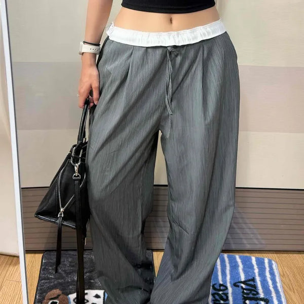 String Color Block Wide Loose Fit Daily Long Pants