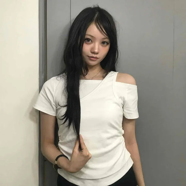 Double layer one-shoulder short-sleeve t-shirt