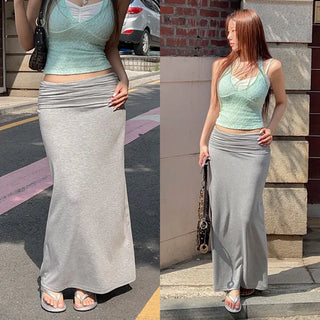 Grip shirring folding long skirt