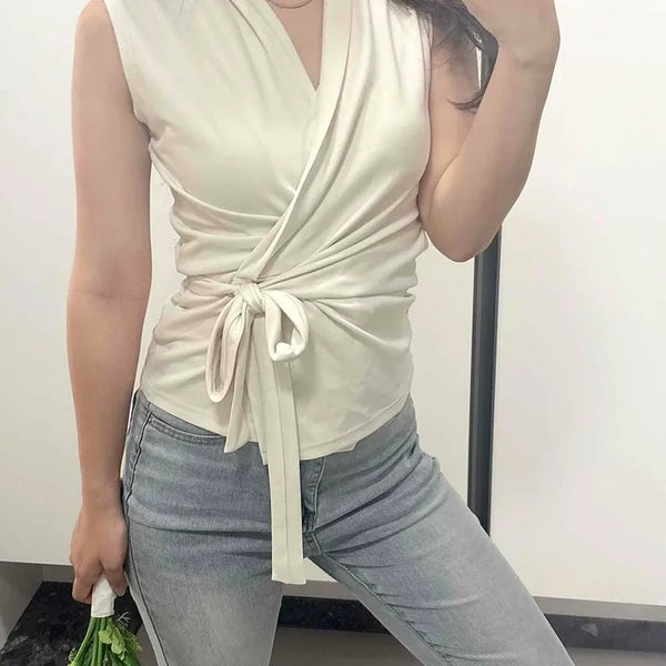 Ribbon Plain Wrap Sleeveless Daily Blouse