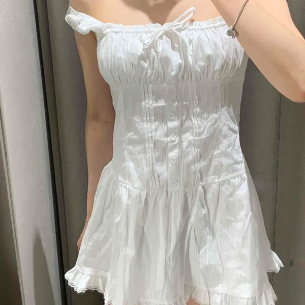 Shirred Frill Button Plain Sleeveless A-Line Mini Dress