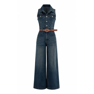 Retro Western Denim Belted Jumpsuit