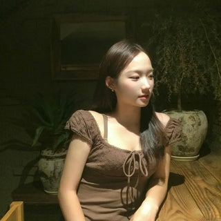 Sedin Shirred Eyelet Ribbon Strap Cap Sleeve Blouse