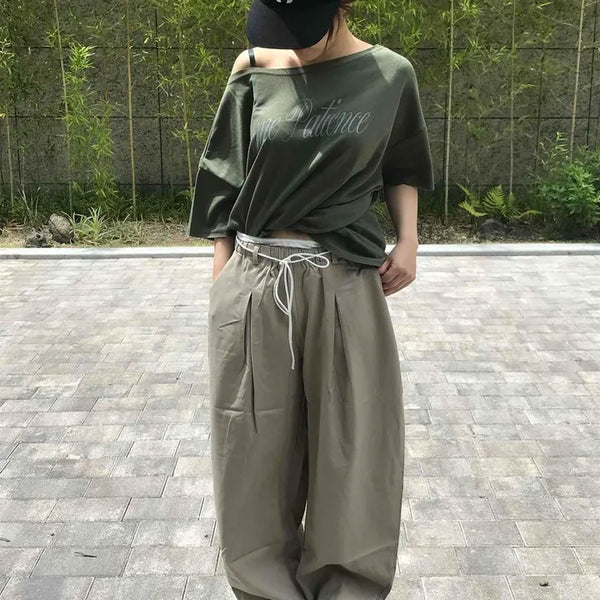 String Shirred Wide Loose Fit Daily Long Pants