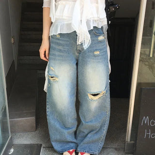 Sand-washed distressed straight wide denim 1 color