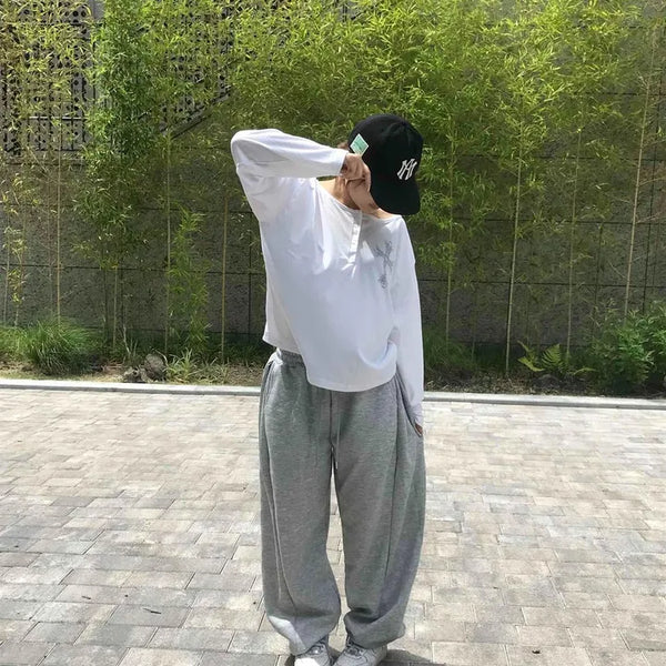Button Lettering Henley Neck Oversized Long Sleeve T-shirt