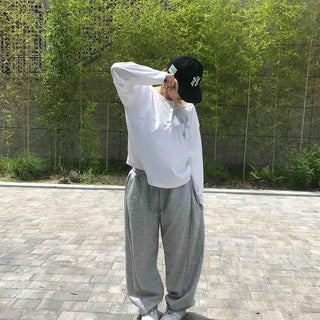 Button Lettering Henley Neck Oversized Long Sleeve T-shirt