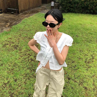 Ribbon Tie Mini Puff Blouse