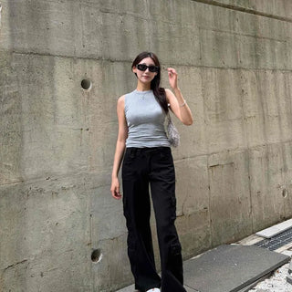 Button Flap Pocket Cargo Pocket Loose Fit Wide Cargo Long Pants