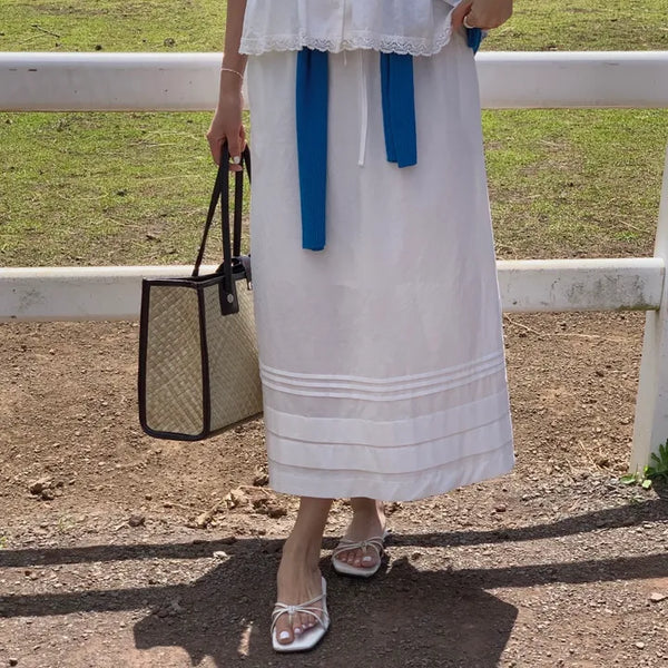 Ploi Pintuck Back Slit Cotton Elastic Long Skirt